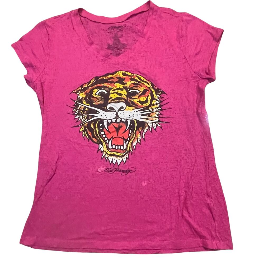 Ed Hardy Pink Tiger Graphic Burnout Tee Girl Junior XL Y2K Tattoo Style‎ V Neck